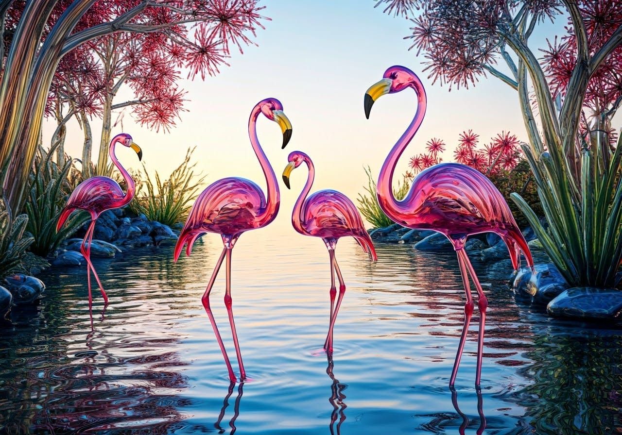 Glassy Flamingos in a Dreamlike Glass Landscape