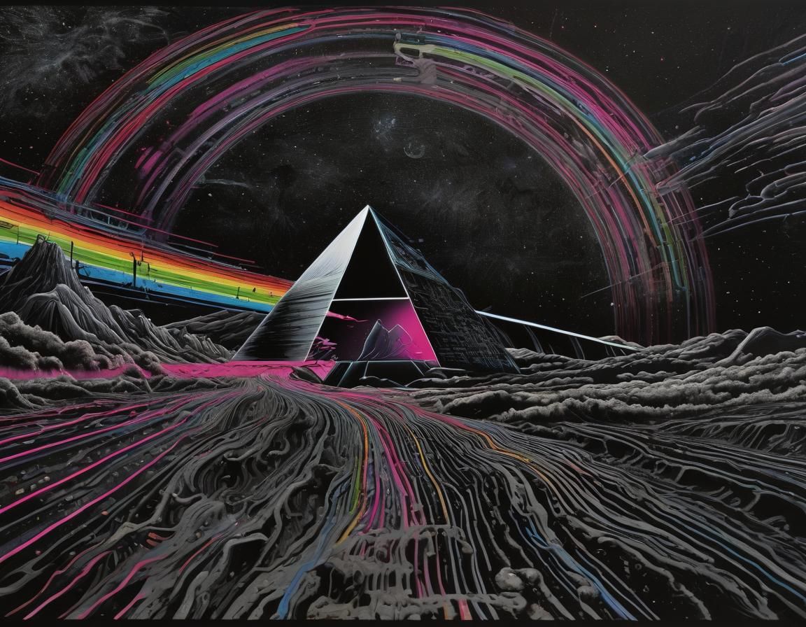 Rainbow over Dark Side Album in Scratchboard Style