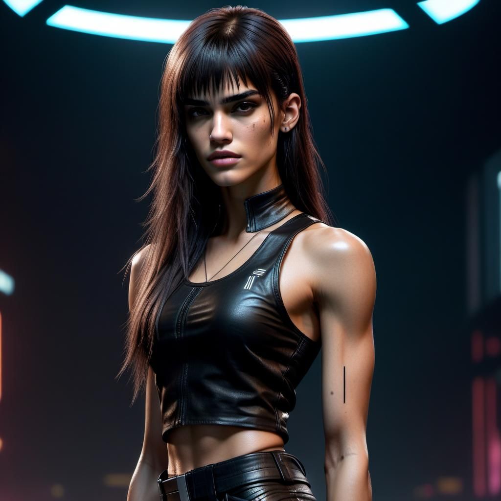 Young girl, tall, thin, athletic, sassy, discontented, looks like Sofia Boutella, sharp thin facial features, brown long...