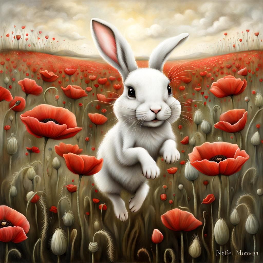Rabbit hopping through a poppy field..