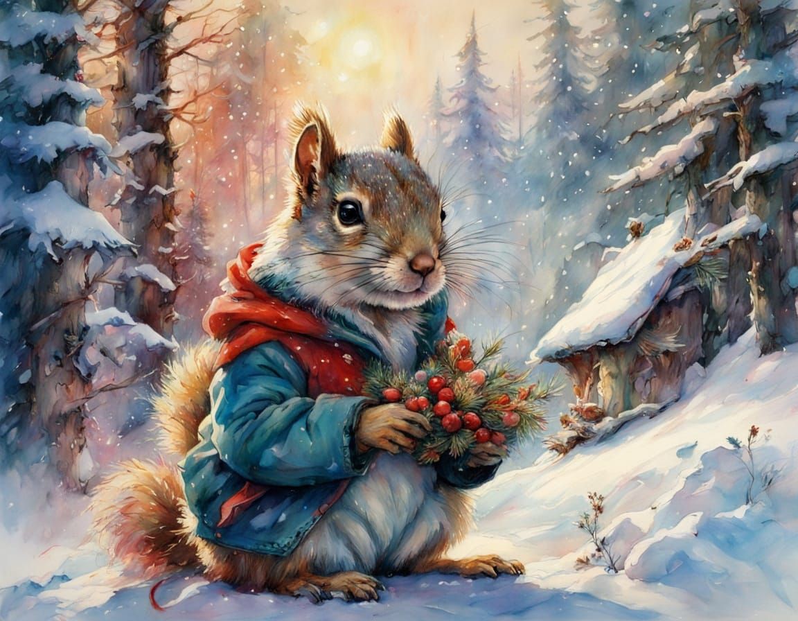 Christmas Squirrel Portrait in Sunny Winter Scene