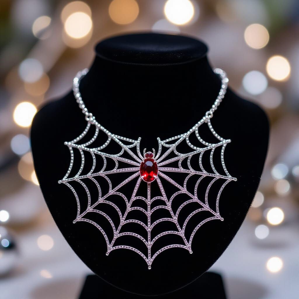 Glittering Silver Spider Web Necklace with Ruby Spider