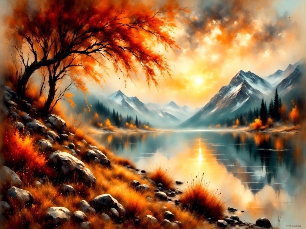 Vibrant Autumn Landscape Painting in Impressionistic Style