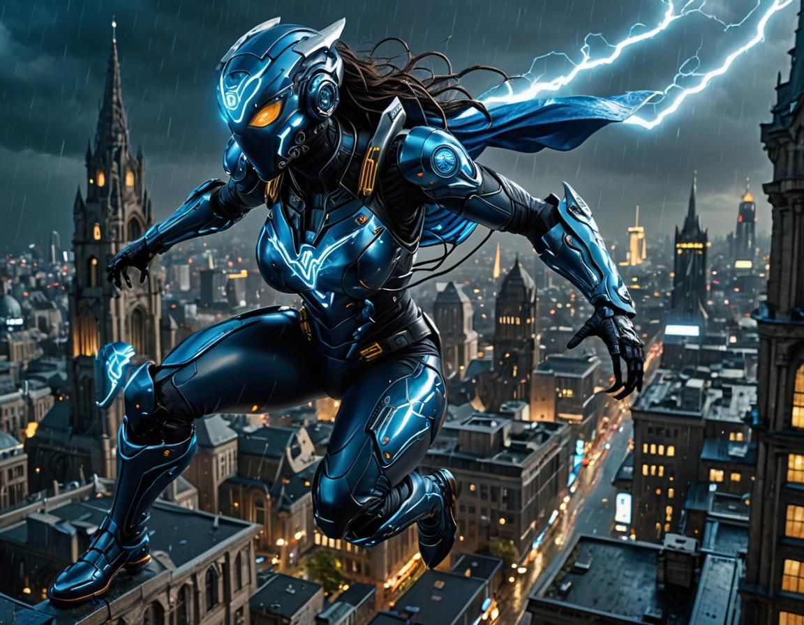 Zoanoid Leaps Over Cyberpunk City in Lightning Storm