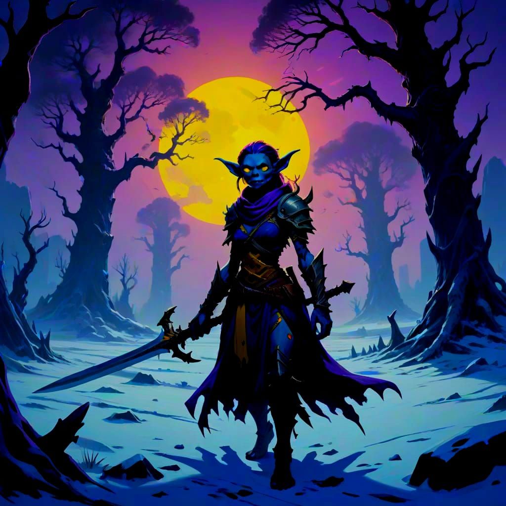 Dark Fantasy Goblin Stands Vigilant in Forgotten Battlefield