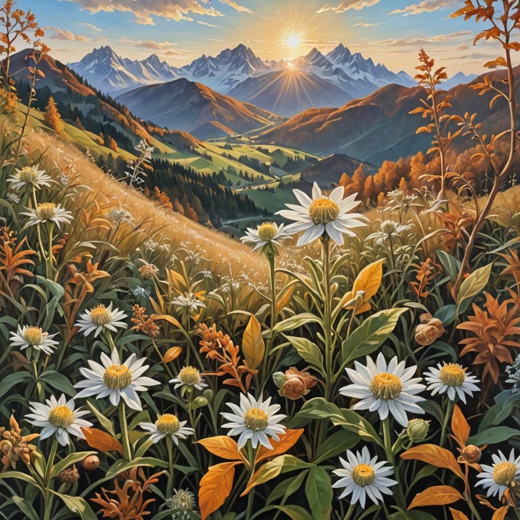 Sunrise Over Autumn Alps with Edelweiss