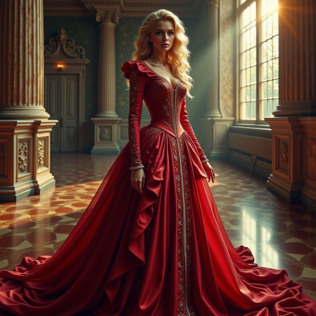 Baroque Lady in Crimson Gown with Volumetric Lighting