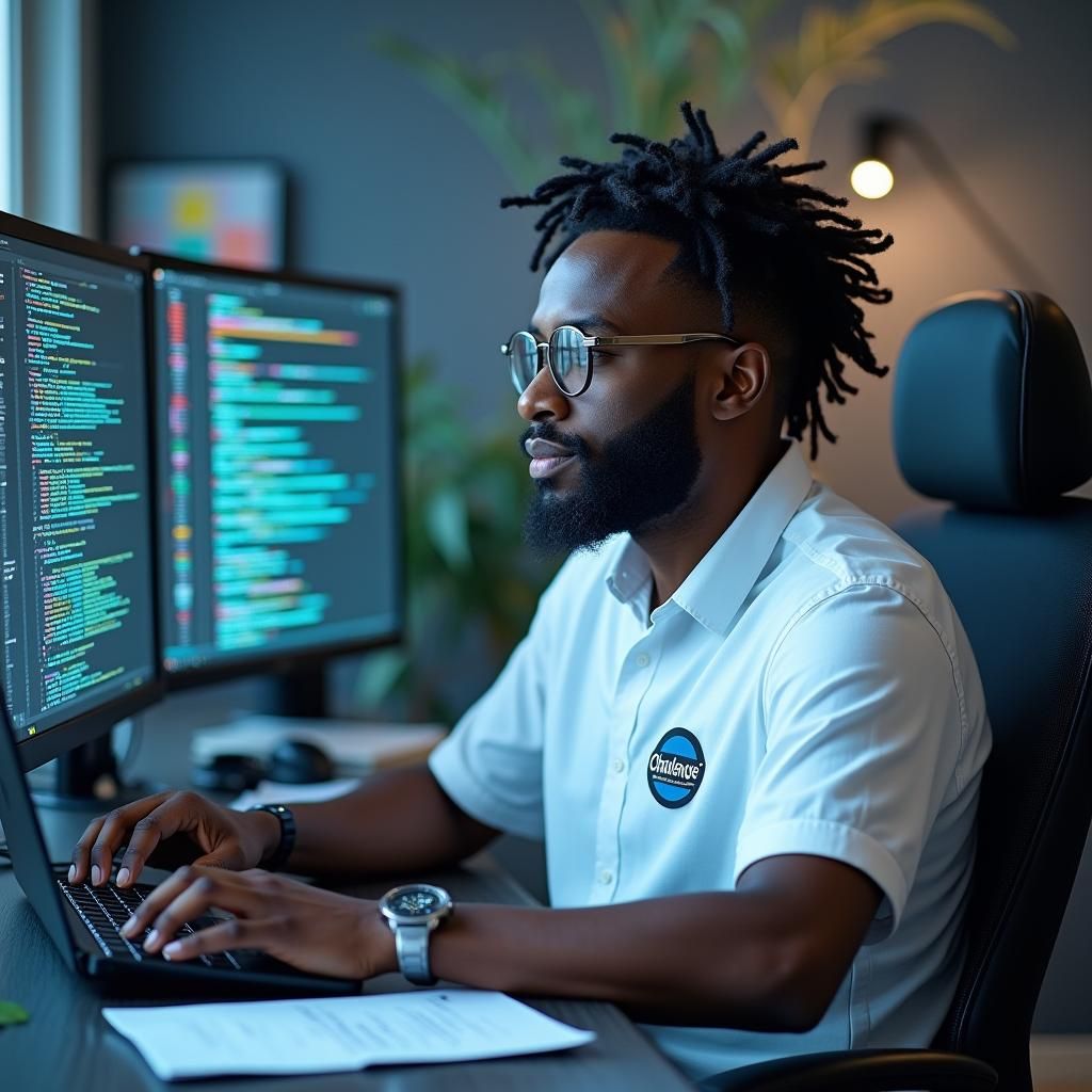 African Coder in Modern Workspace: Digital Concept Art