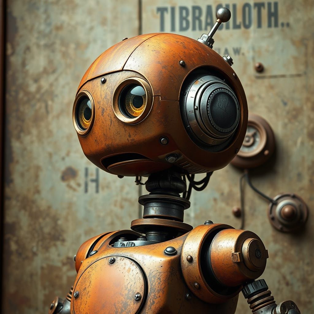 Vintage-Futuristic Robot with Distressed Patina and Expressi...