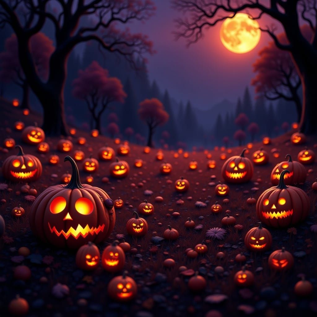 Eerie Jack-o'-Lanterns Glow on Autumn Night