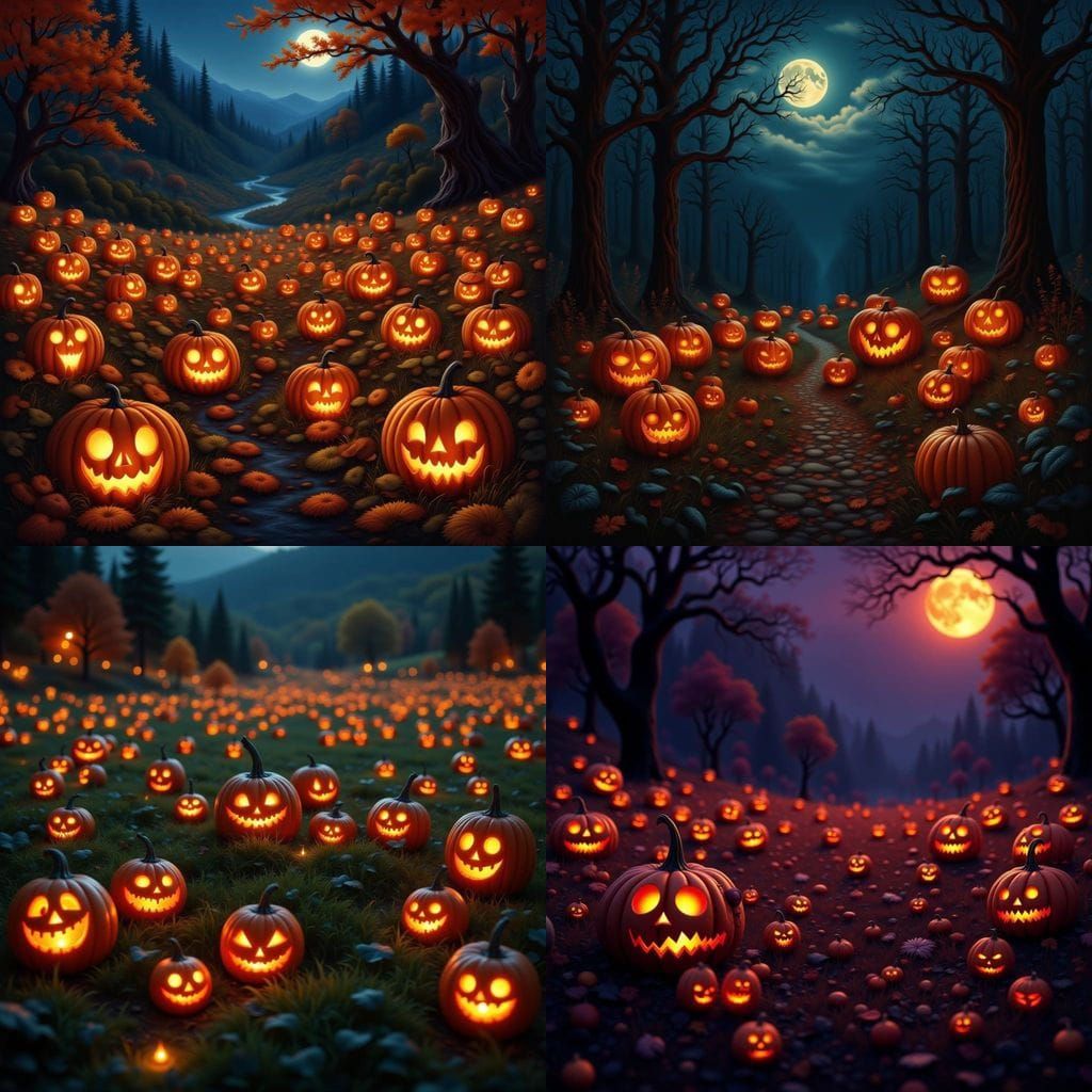 Spooky Jack O'Lanterns Glow on Autumn Night