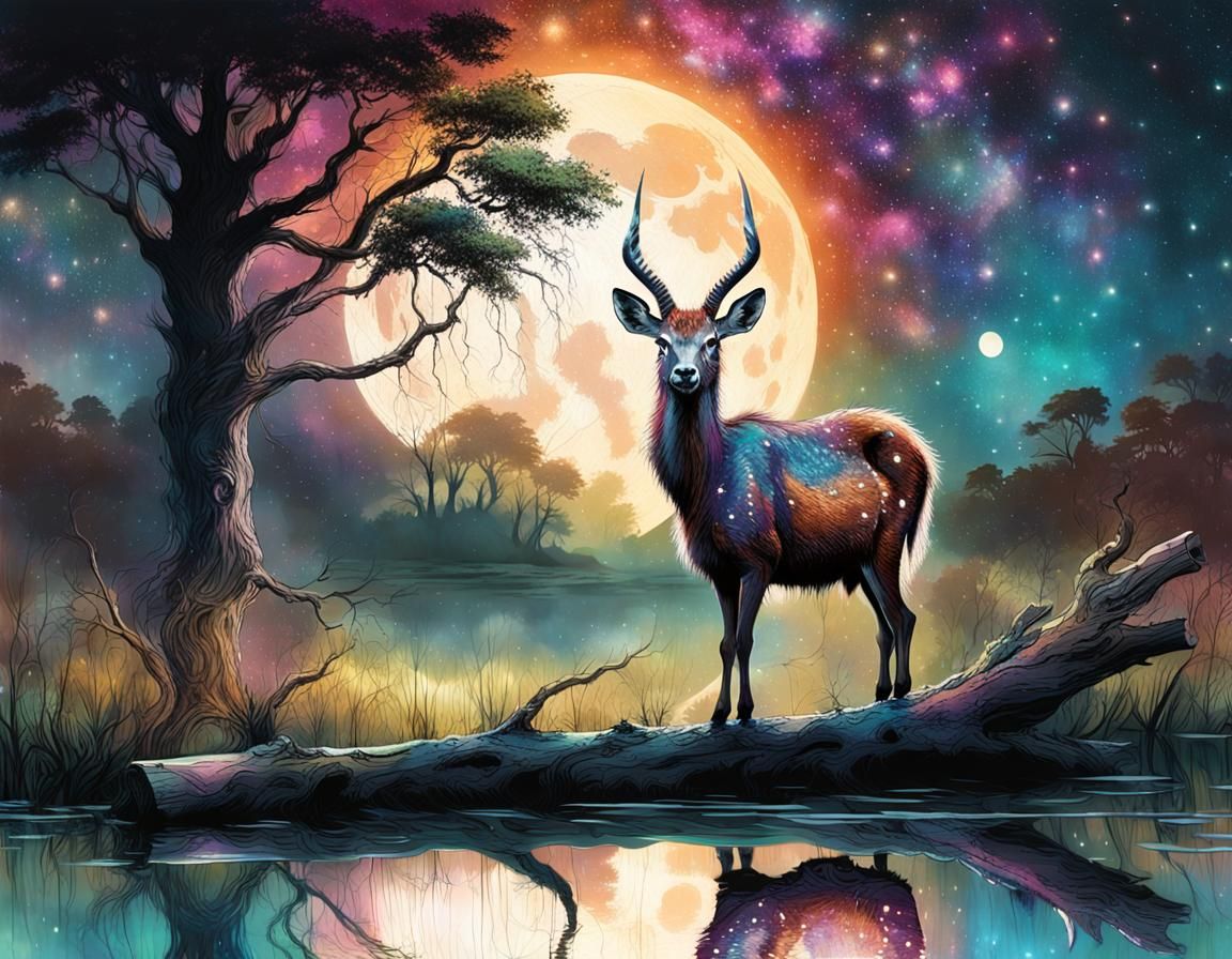 Dreamlike Sitatunga in Ethereal Ink Splatter Landscape