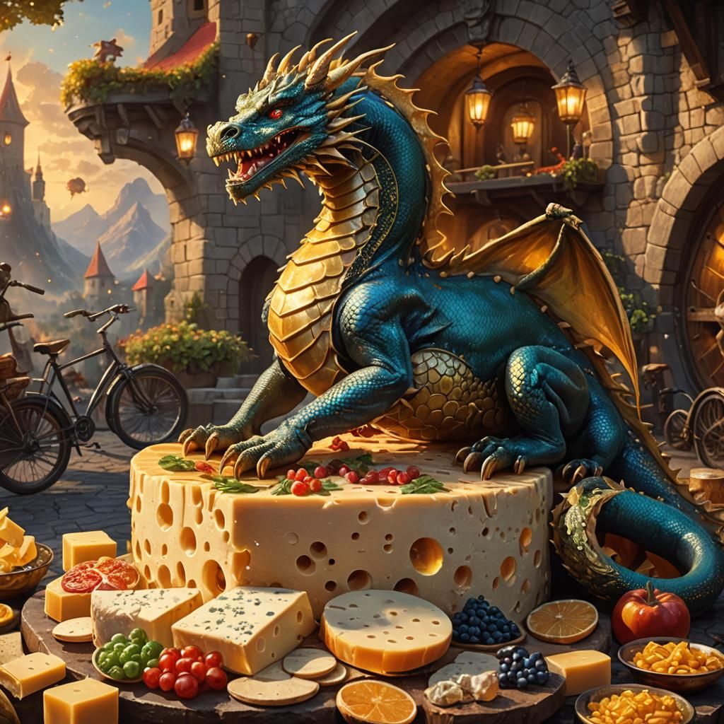 Eastern Dragon on Swiss Cheese Wheel in Fantasy Art