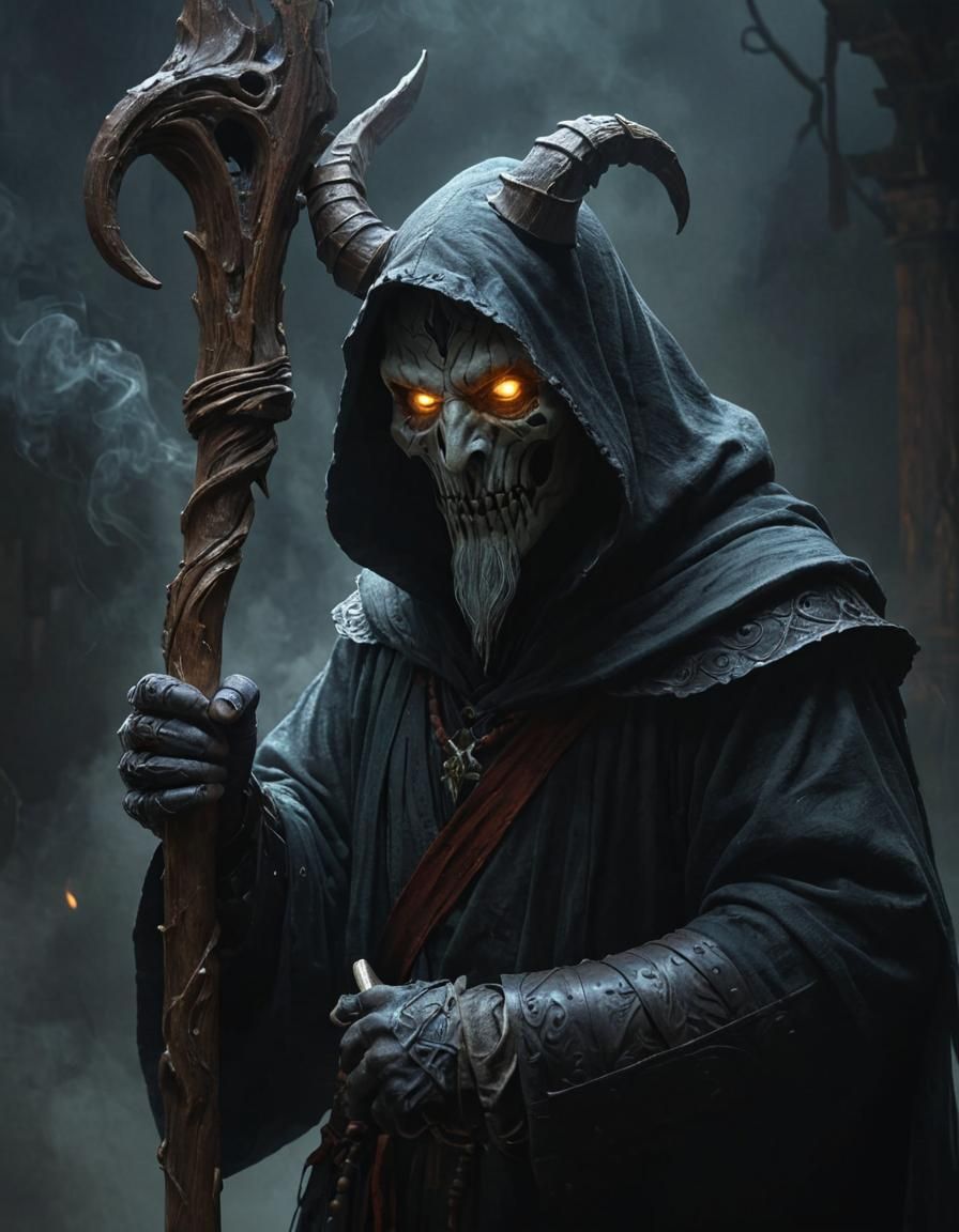 Mystical Sorcerer with Magic Staff in Atmospheric Fog