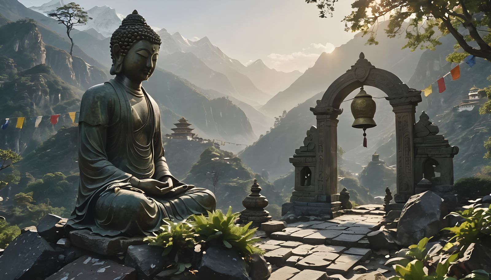 Green Tara Statue with Mountain Backdrop