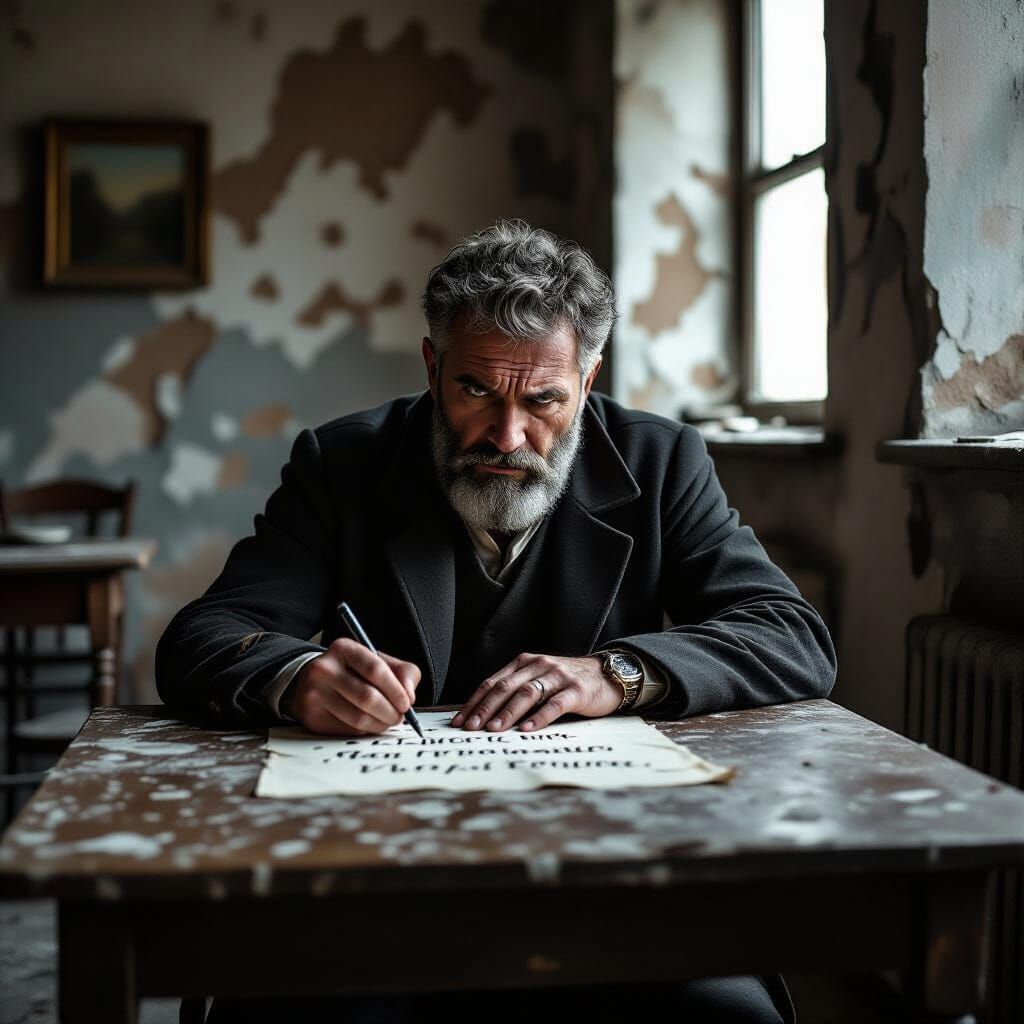 Melancholy Man Writes Bitter Words in Dusty Room
