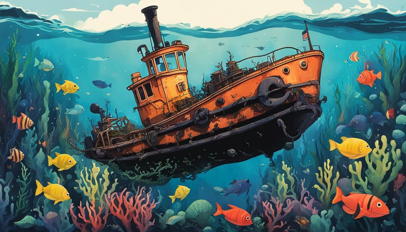 Charming Sunken Tugboat Amidst Kelp Forest