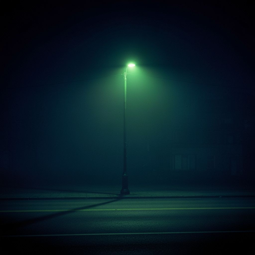 Flickering Streetlight on Foggy Night