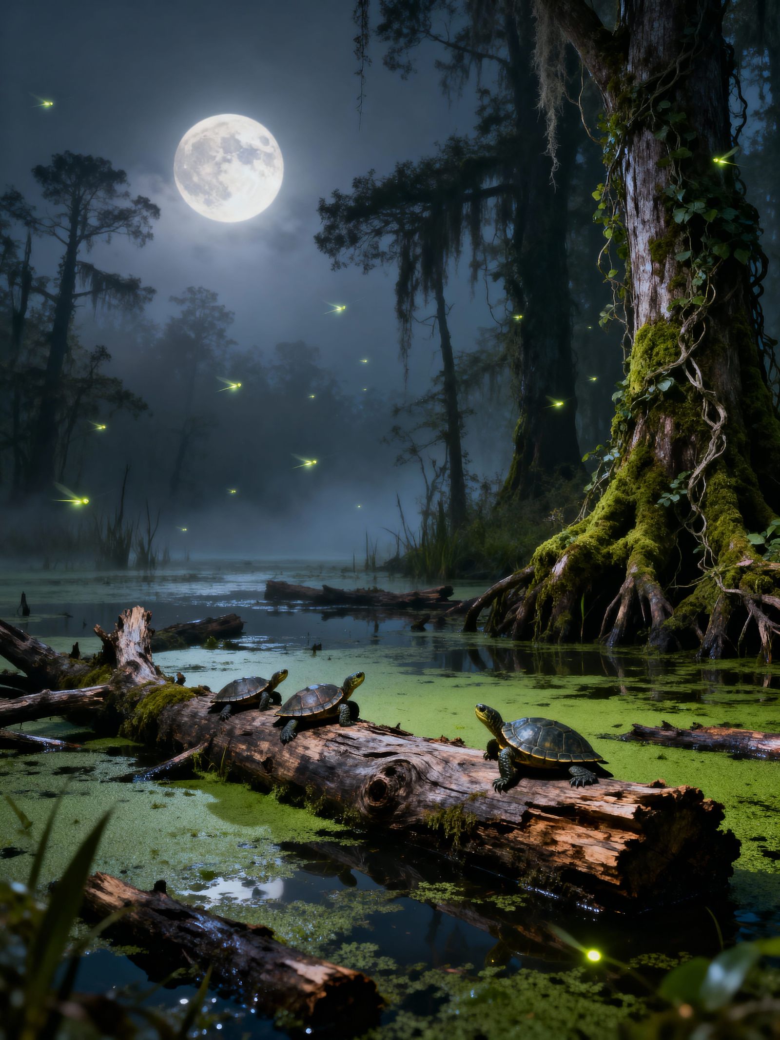 Mysterious Swamp at Night with Ghostly Legends