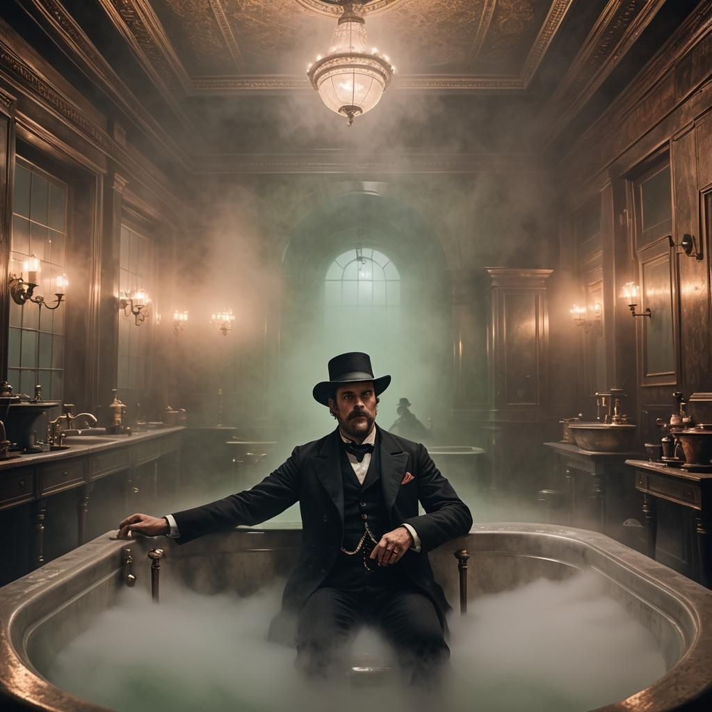 A man takes a dip in an antique steamy bath fully clothed