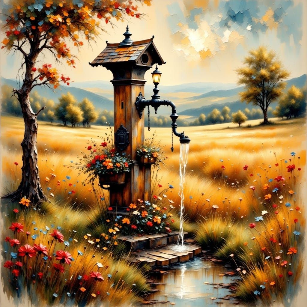 Warm Impressionist Scene with Antique Water Pump and Etherea...