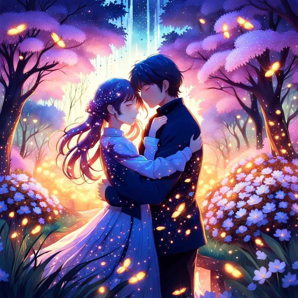 Romantic Anime Couple in Fantasy Garden