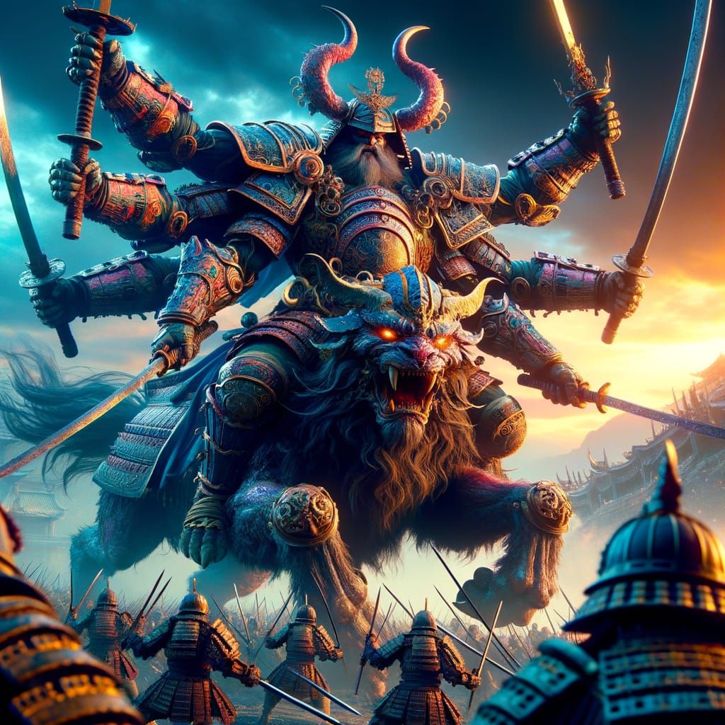 Four-Armed Samurai Rides Qilin into Battle