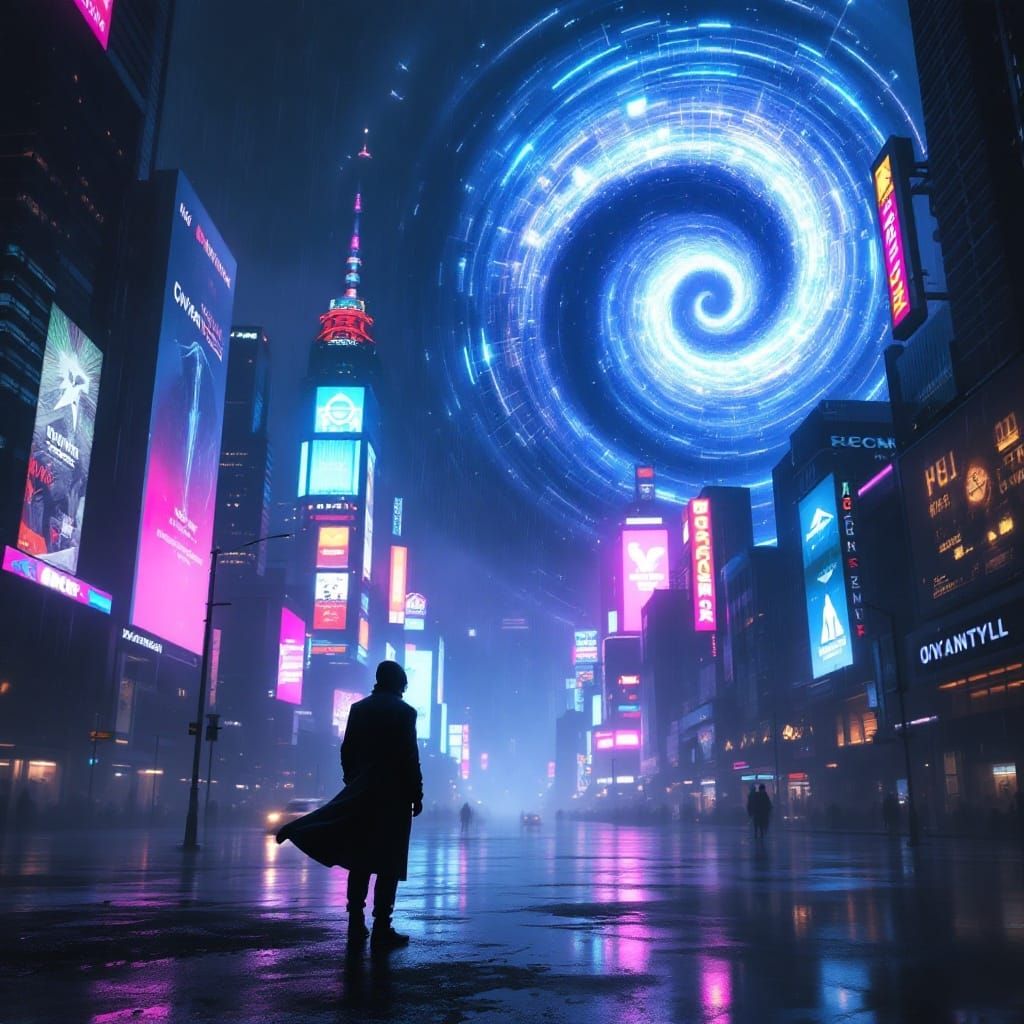 Sleek Futuristic Figure Lost in Quantum Dance with Neon City...