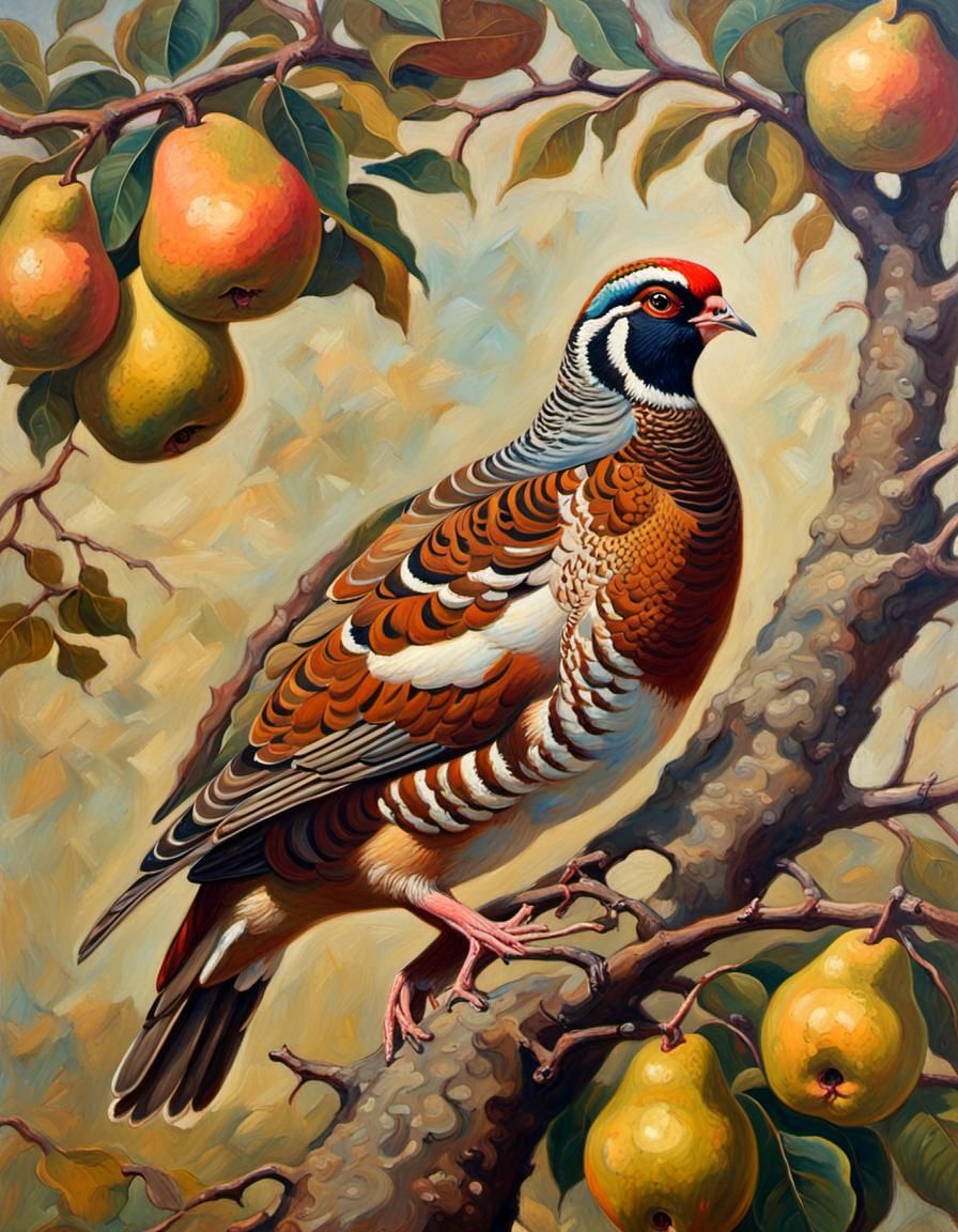 Partridge in a Pear Tree: Vintage Oil Painting