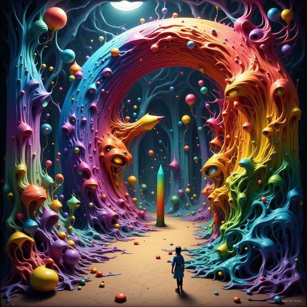 Magical Swirling Pencil Amidst Abstract Sculptures