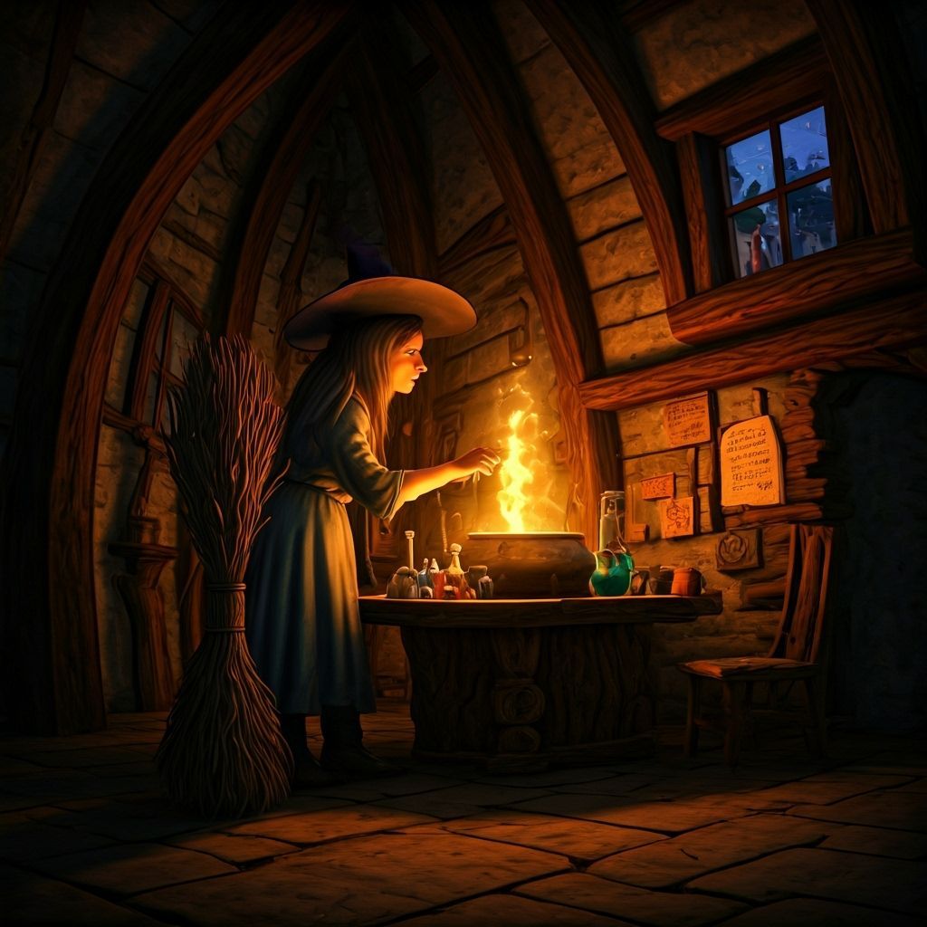 Witch Brewing Potions in a Crooked Cottage