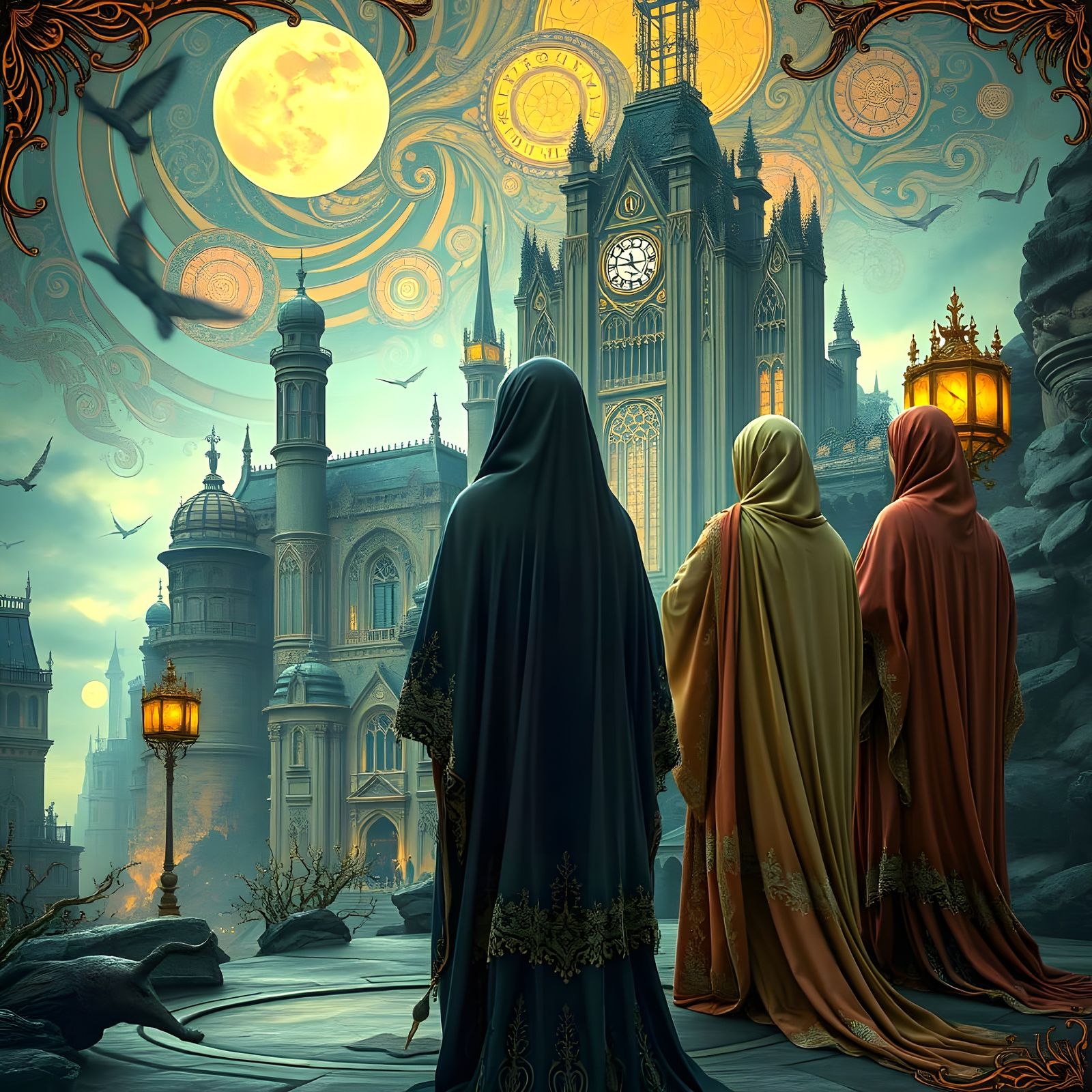 Mystical Figures Gather in Ornate Cityscape
