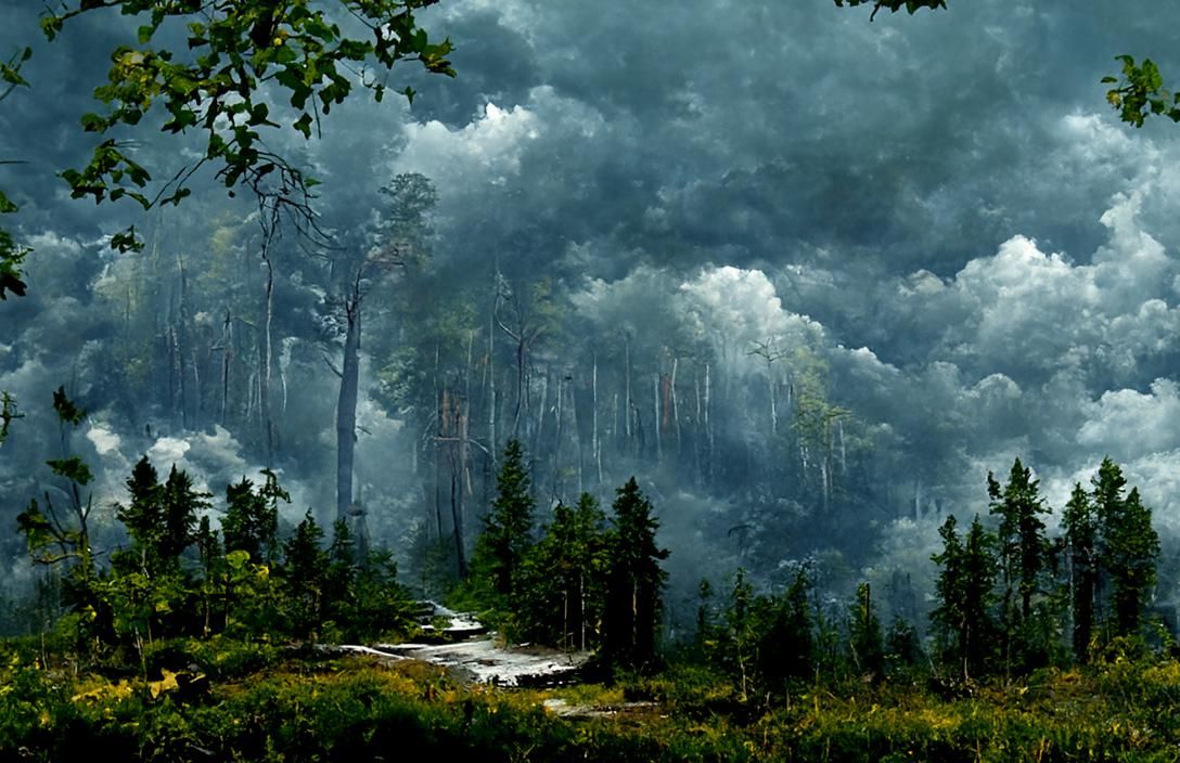 Dramatic Storm in Foggy Forest, Detailed Painting