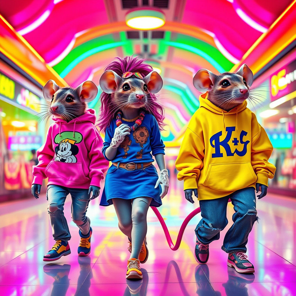 Teenage Rats in 80s Mall, in Neon Style