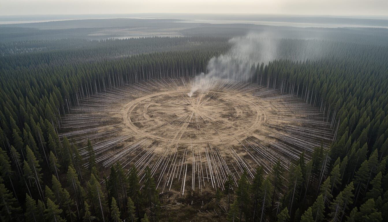 Tunguska Impact Site: Aerial View of Flattened Taiga Forest
