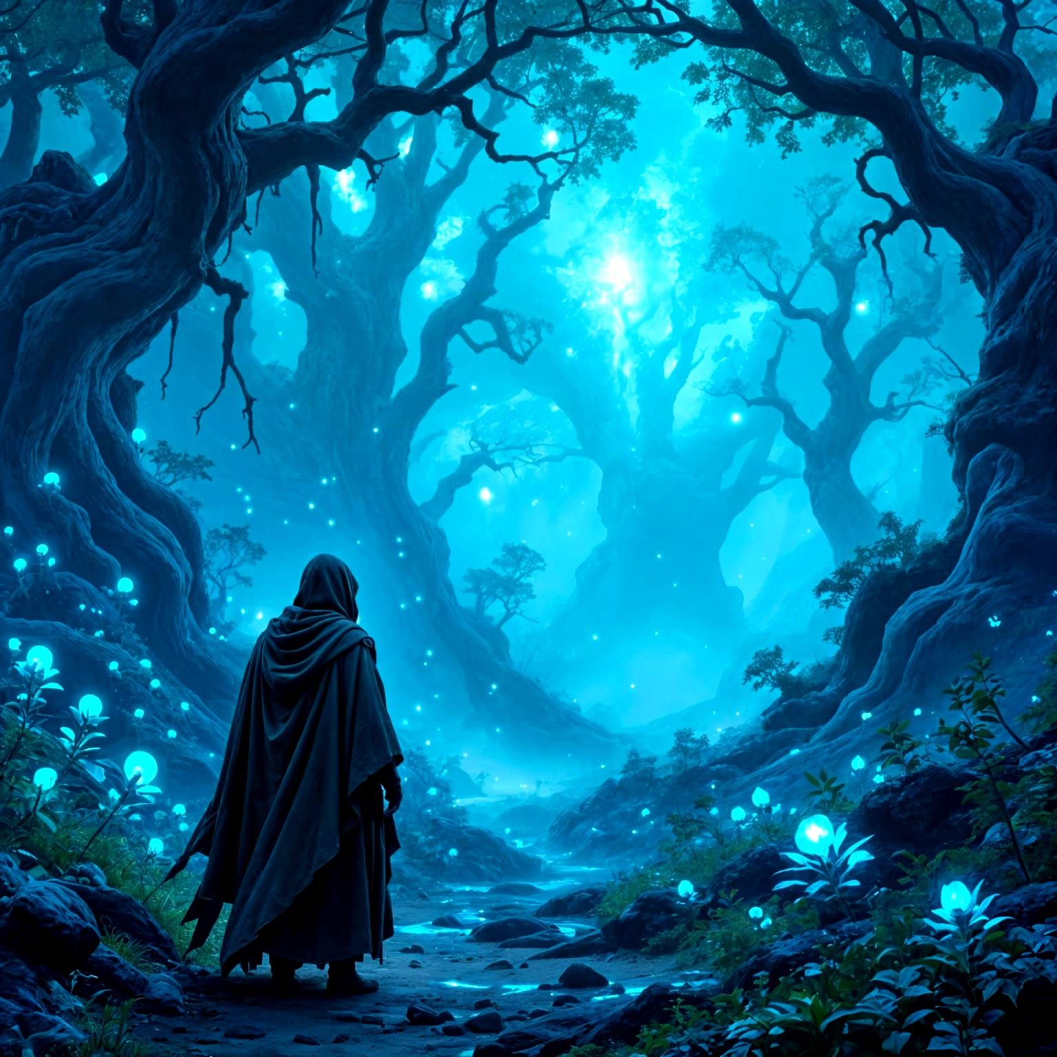 Luminescent Forest with Lone Traveler