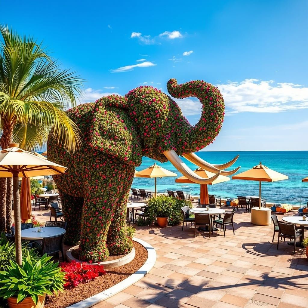Topiary Elephant Sculpture by Beachfront Restaurant
