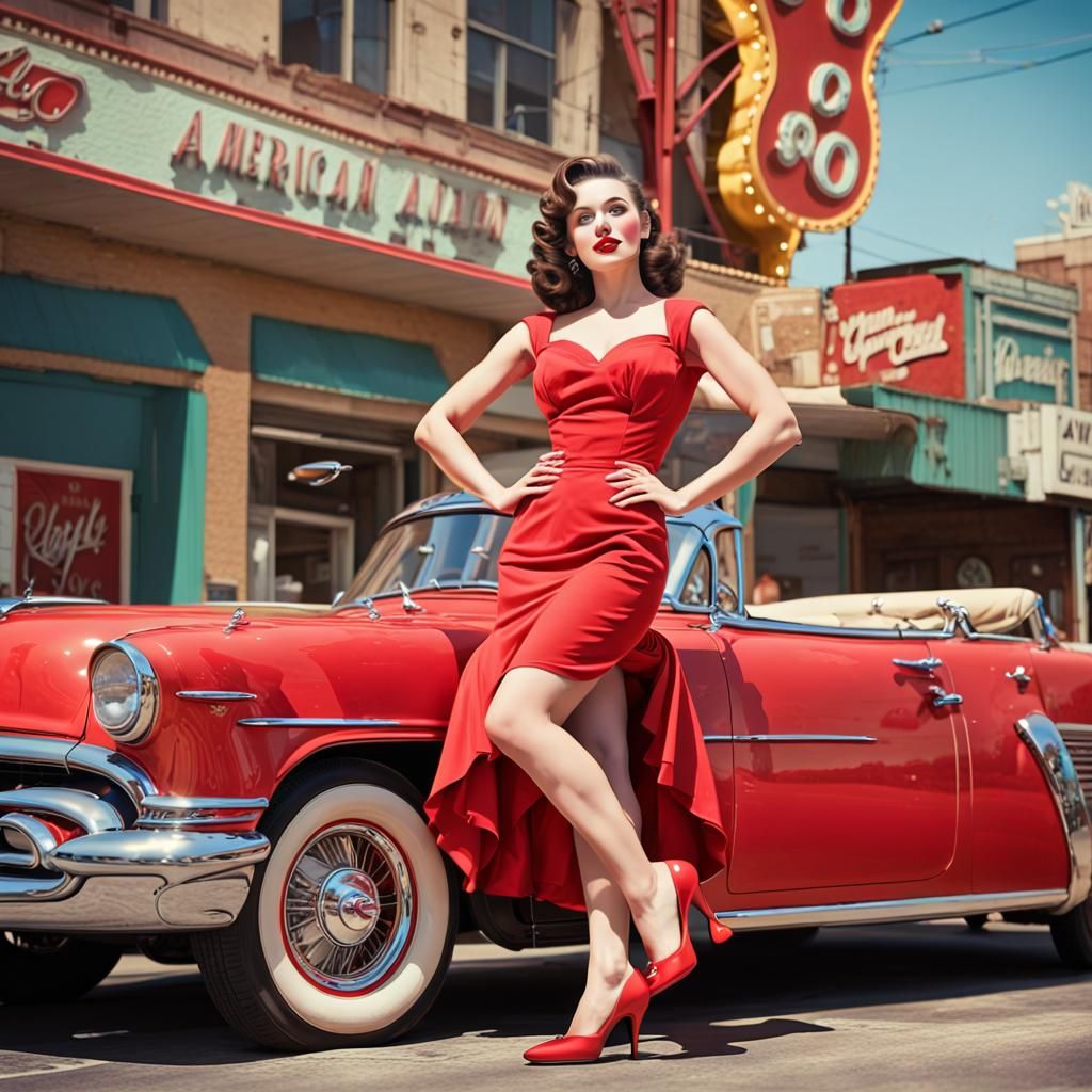 Classic Pin-Up Girl Beside Vintage Convertible