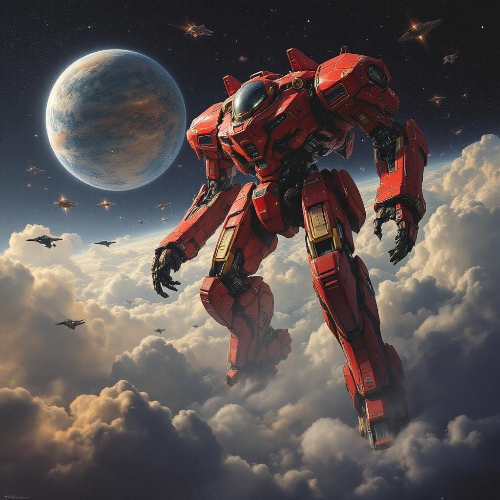 Giant Battle Mech in Space Oil Painting