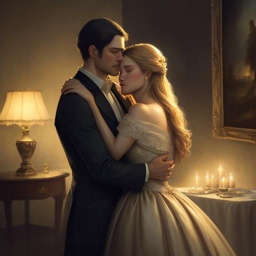 Romantic Embrace: Oil Painting in Golden Moonlight