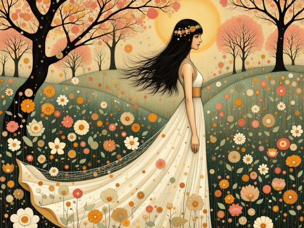 Ethereal Garden Scene in Whimsical Art Nouveau Style