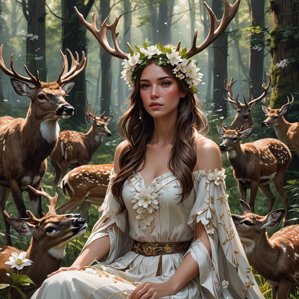 Girl with Flower Crown in Forest, Detailed Portrait