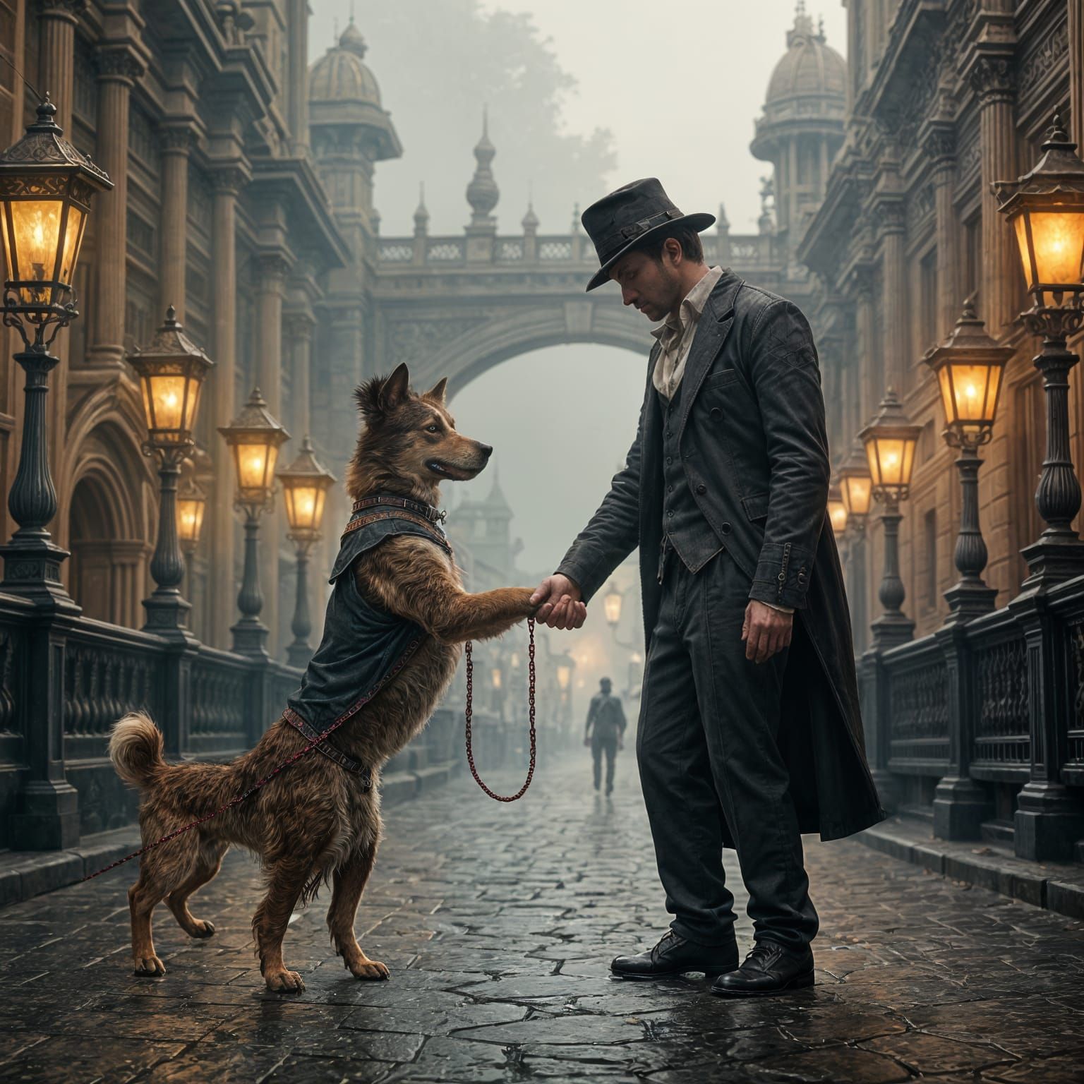 Dog Walking Man on Leash: Realistic Digital Painting