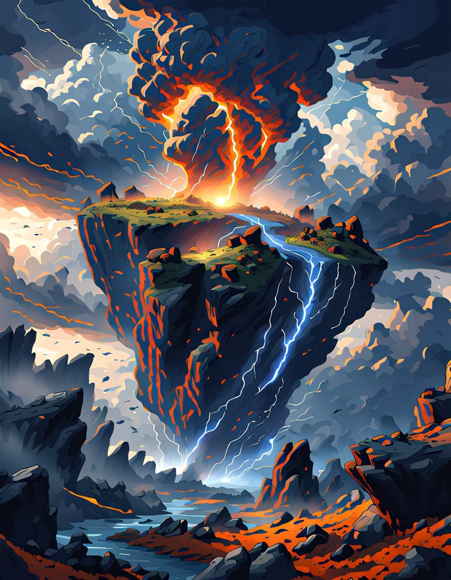 Giant Terrain Chunk Suspended in Stormy Sky