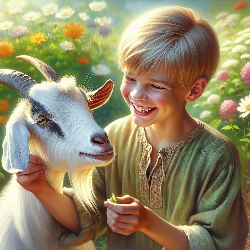 A Boy and His Loyal Pet Goat Enjoying a Sunny Summer Day