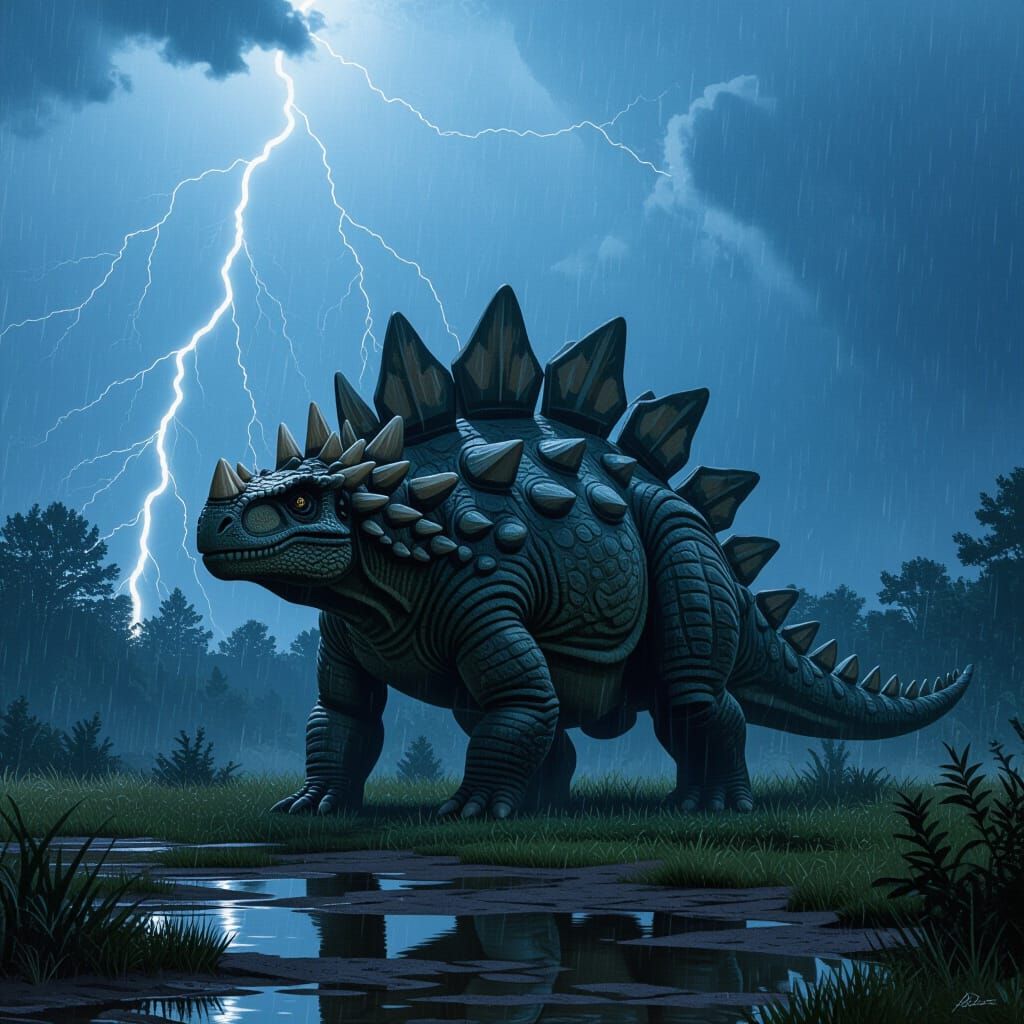 Stegosaurus in Thunderstorm: Detailed Paleoart Scene