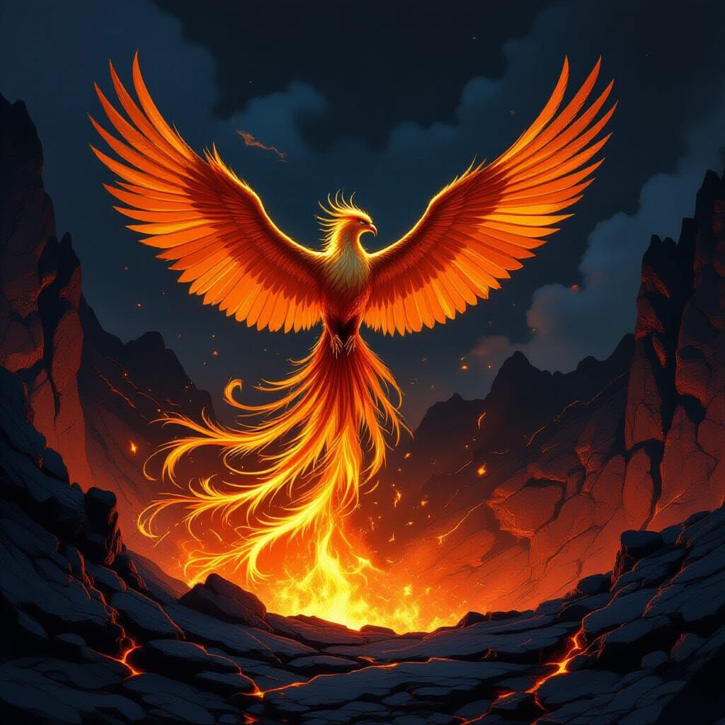 Majestic Phoenix Rises From Molten Gold Crater