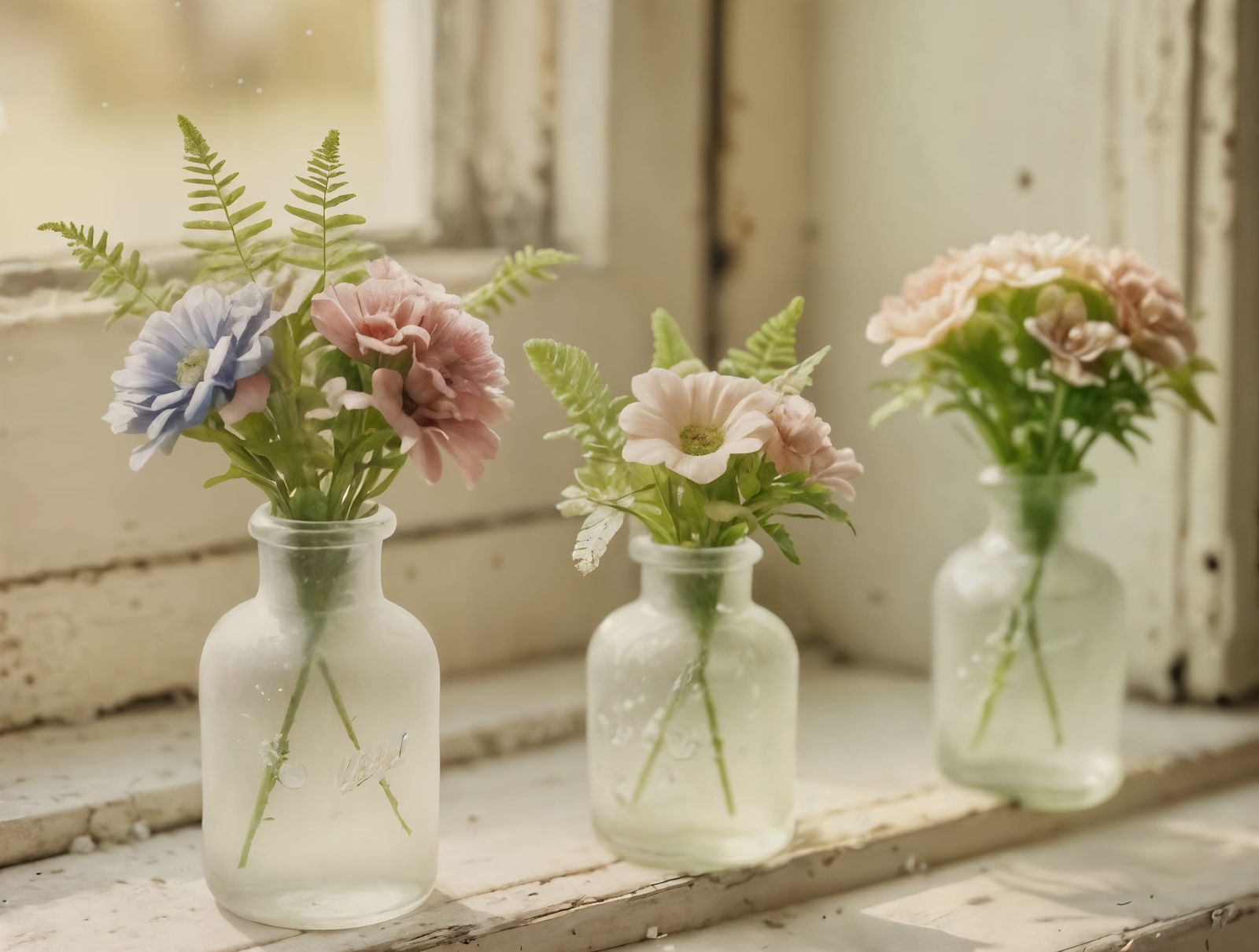 Antique Vases with Posies on Windowsill