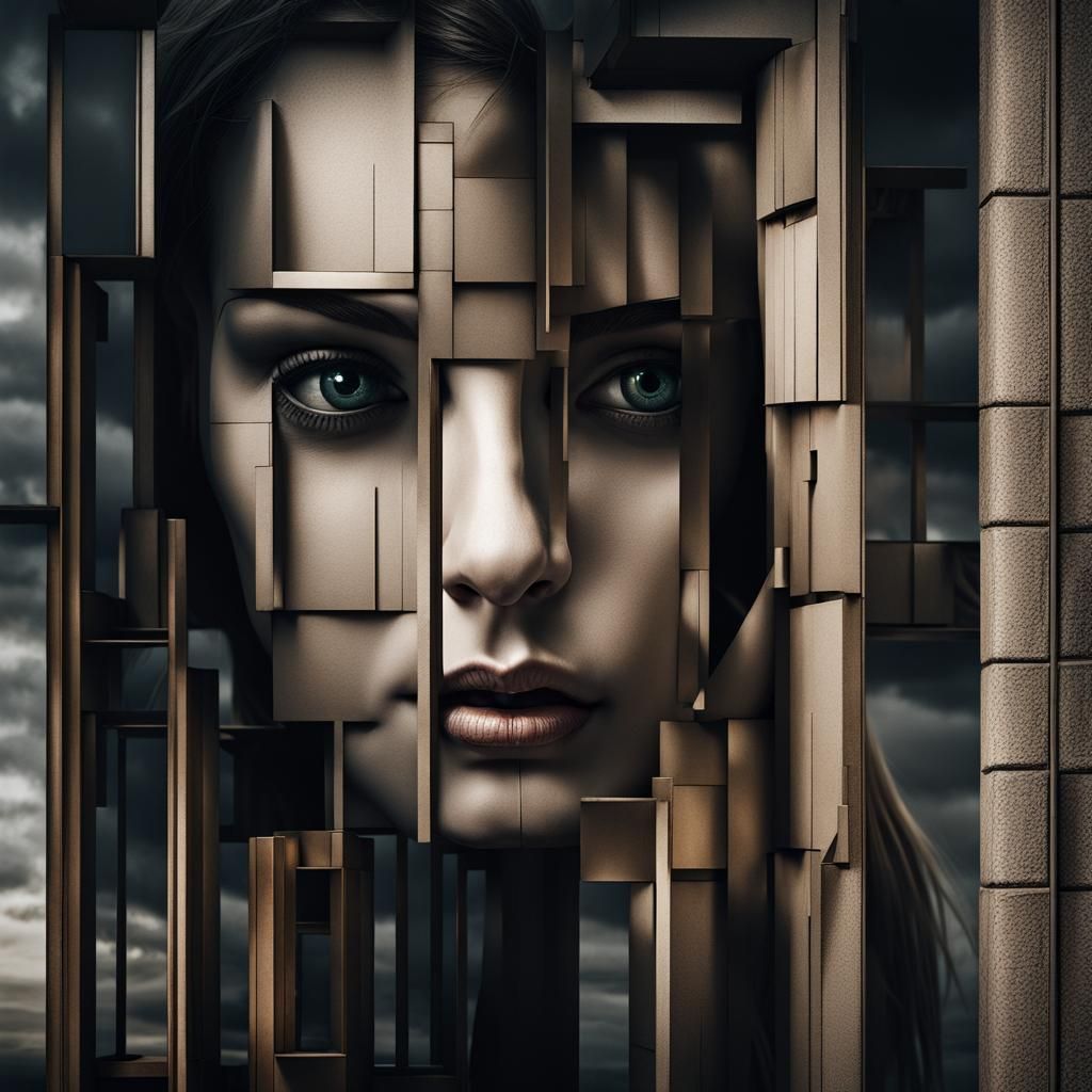 Mysterious Woman's Face in Hyperrealistic Architectural Desi...