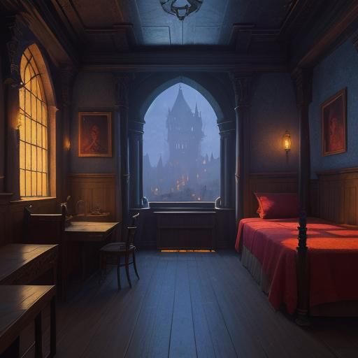 medieval bedroom with window with view to castle